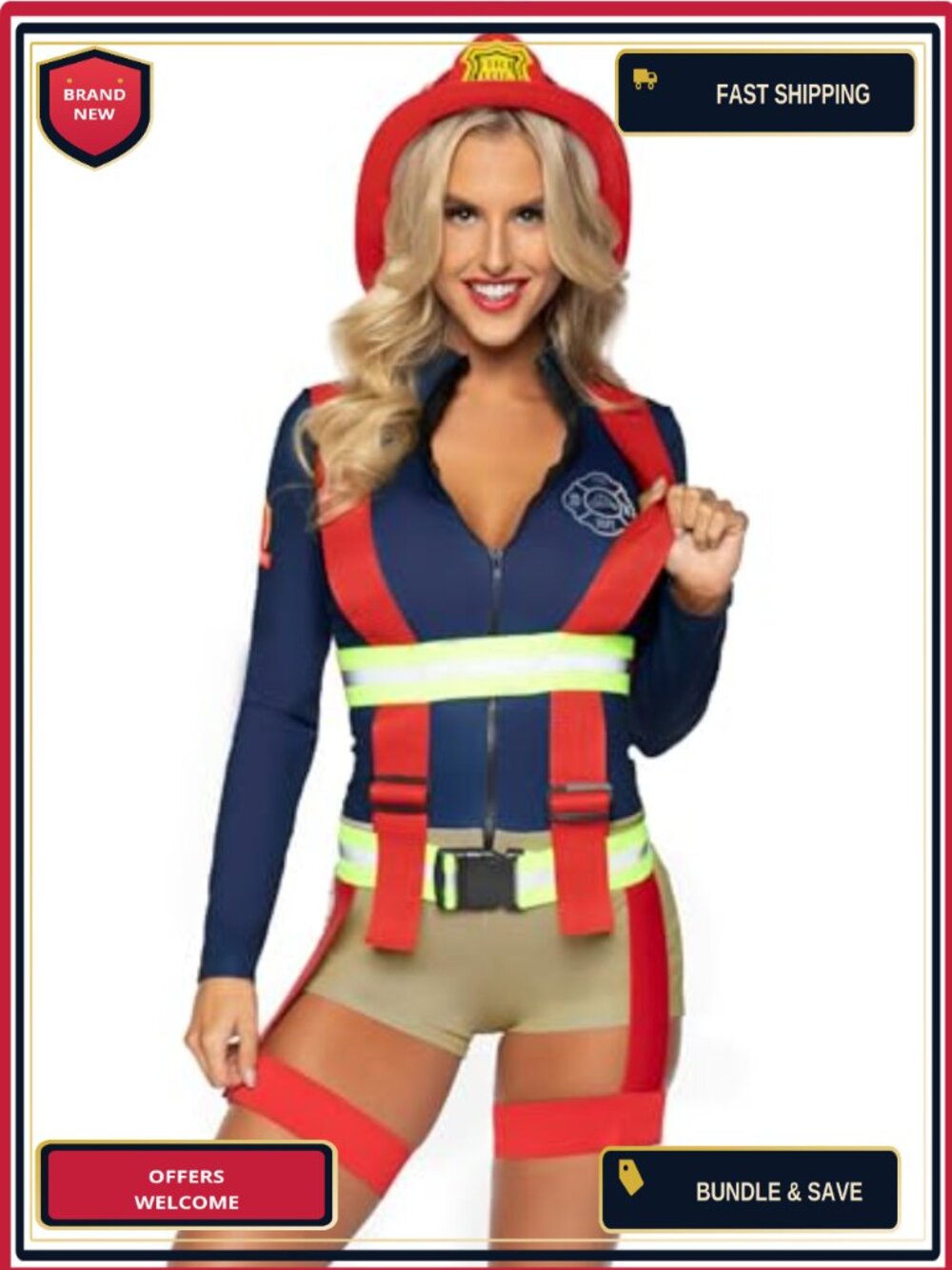 2 Pc Firefighter Costume Spandex Romper Reflective Garter Suspenders